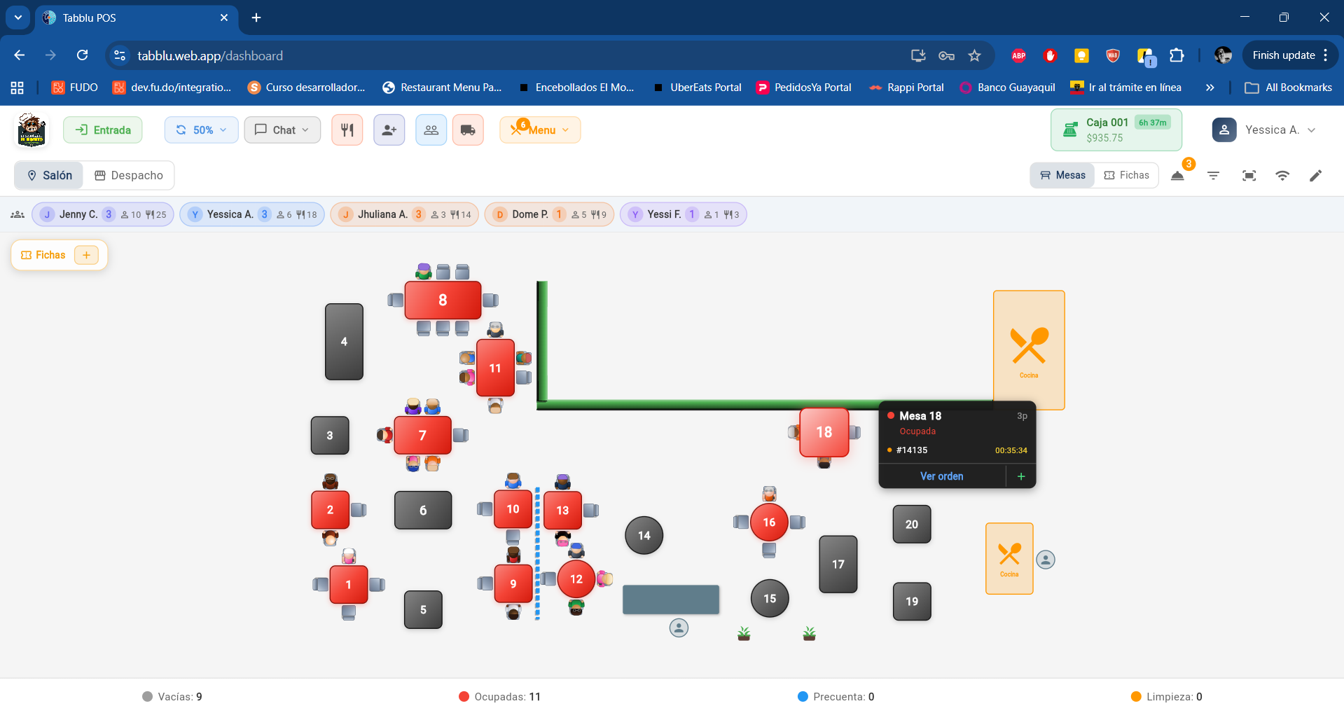 Detalle de mesa con orden activa