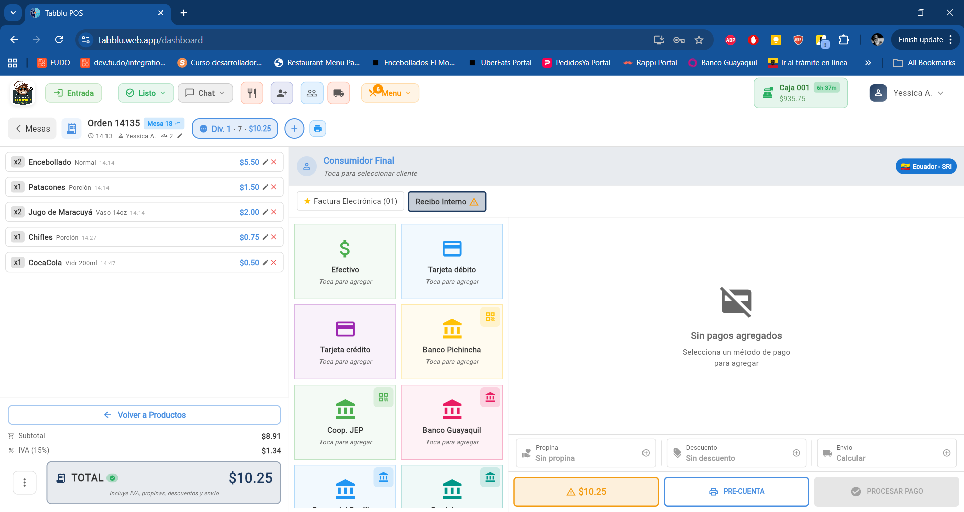 Panel de orden y métodos de pago